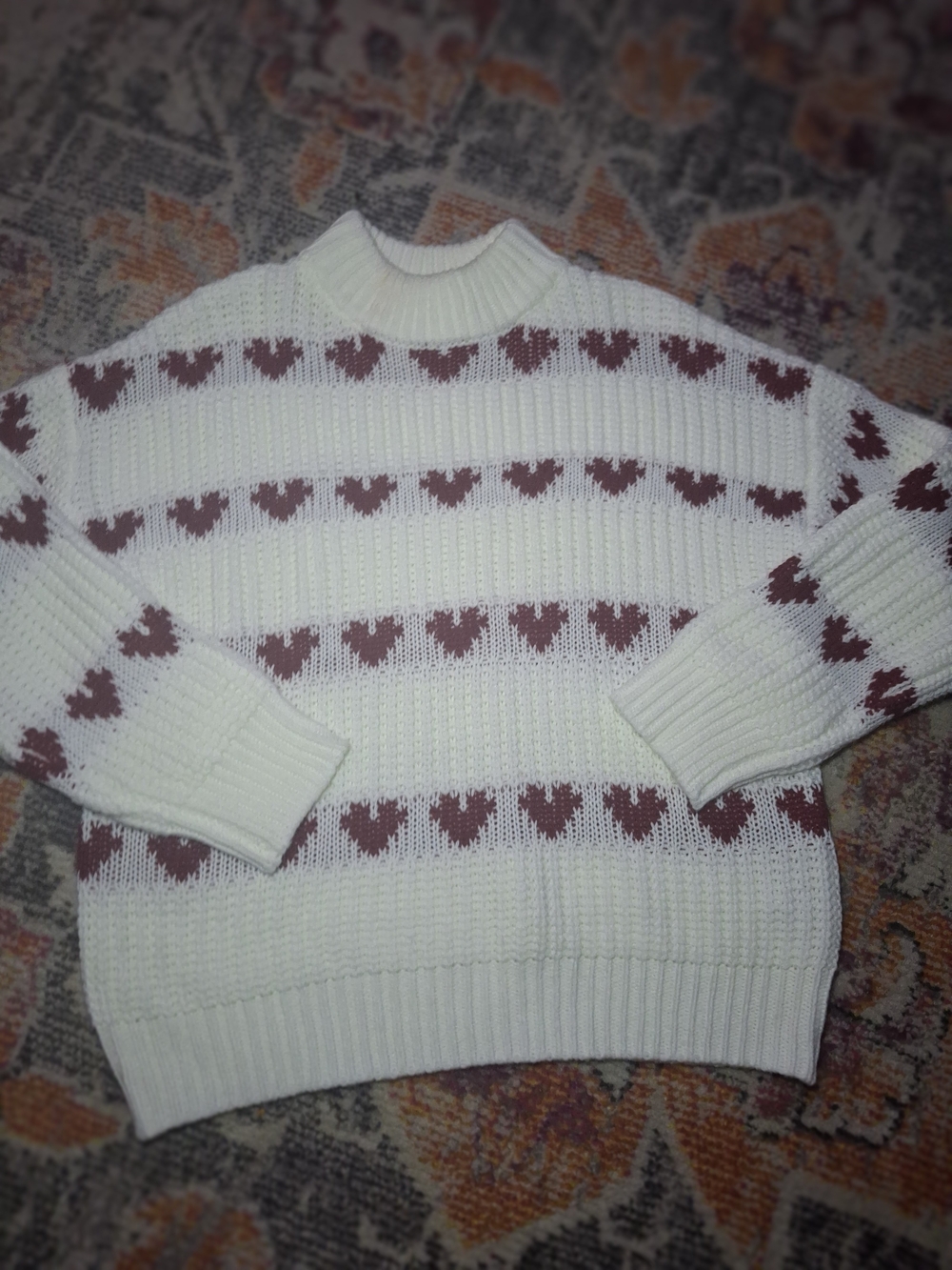 Francesca's Collections Cream Sweater with Brown Heart Stripes